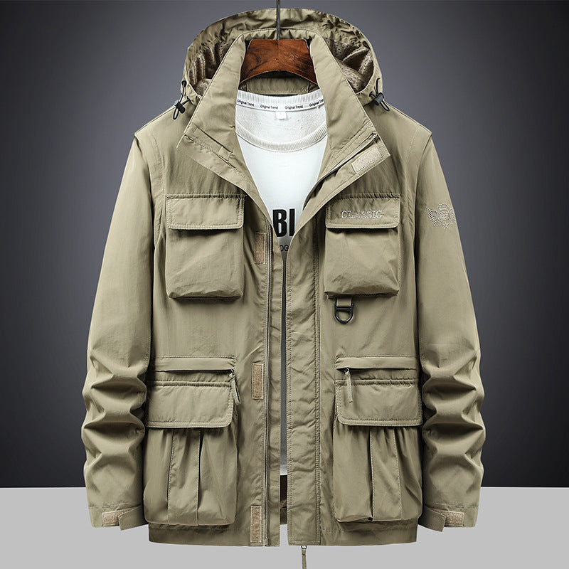 Men's multifunctional field jacket with hood and numerous pockets