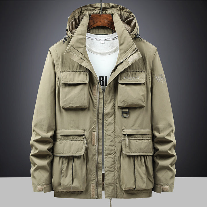 Men's multifunctional field jacket with hood and numerous pockets