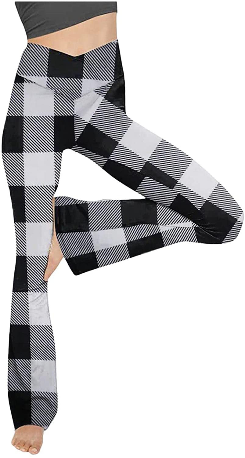 Women's mid-rise yoga pants with crossover waistband and flared hem with slit Mune Fashion