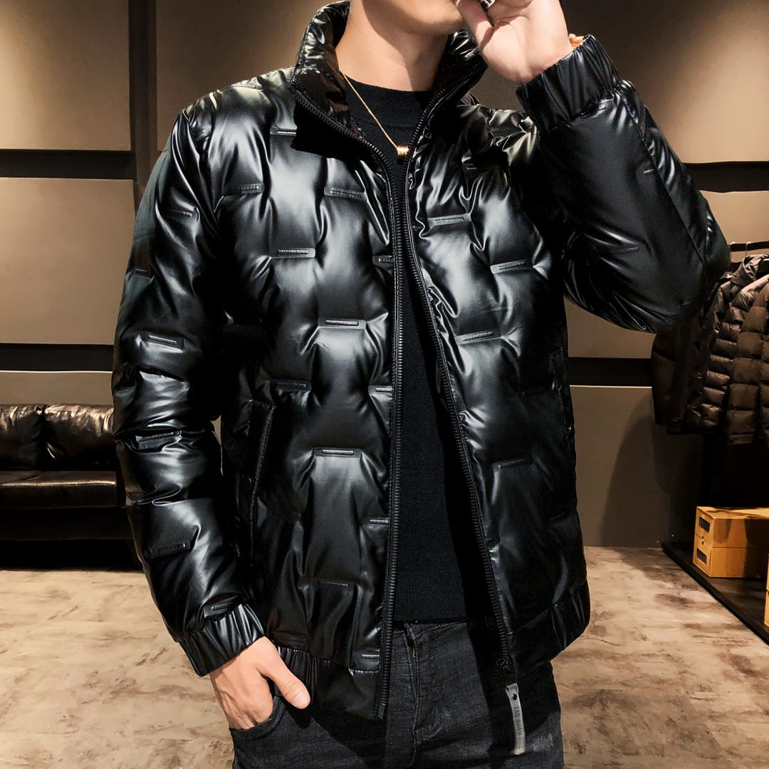 Men's Shiny Thermal Quilted Jacket with Square Quilt and High-Closing Stand-Up Collar Mune Fashion