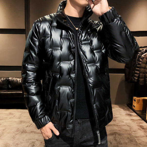 Men's Shiny Thermal Quilted Jacket with Square Quilt and High-Closing Stand-Up Collar Mune Fashion
