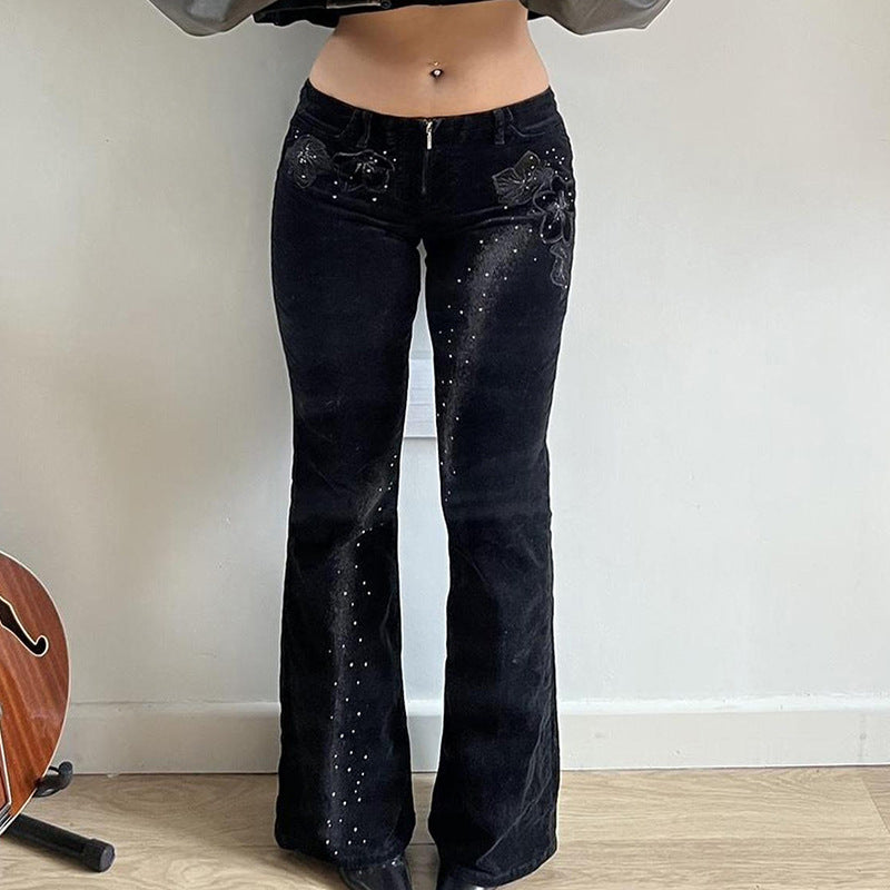 Women’s flared corduroy pants with glitter stripes and floral embroidery, high waistband Mune Fashion