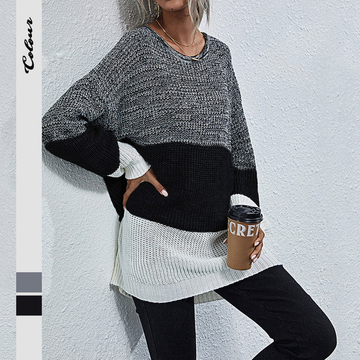 Women's Longline Chunky Knit Sweater with Color Block, Round Neck and Slightly Dropped Shoulder Mune Fashion