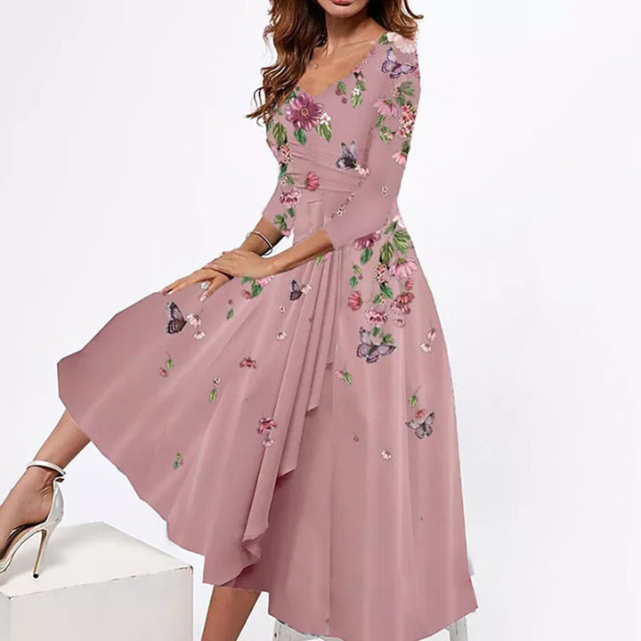 Women's wrap midi dress with floral print, asymmetric tiered skirt and fitted tie belt Mune Fashion