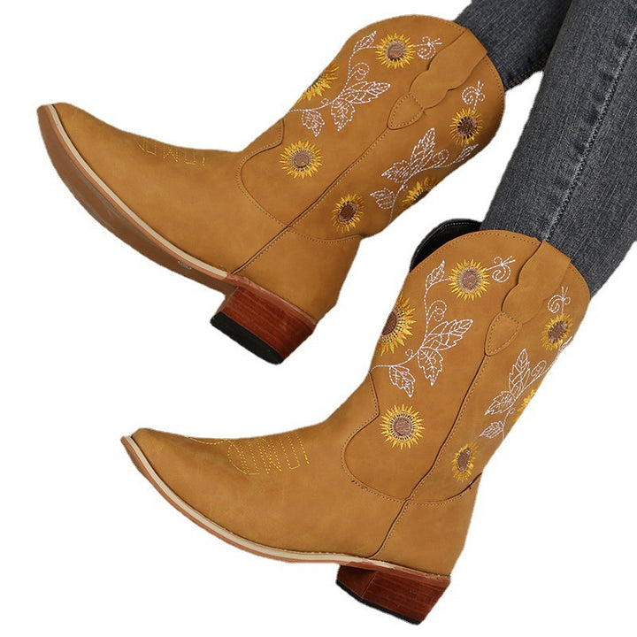 Women Embroidered Western Boots with Sunflower Design and Medium Block Heel Mune Fashion