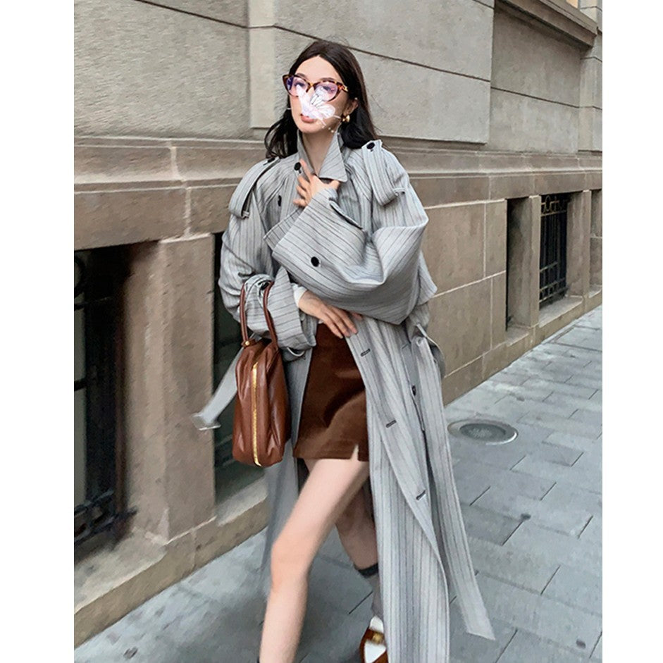 Women’s Long Pinstripe Trench Coat with Tie Belt Shoulder Straps and Flared Hem Mune Fashion