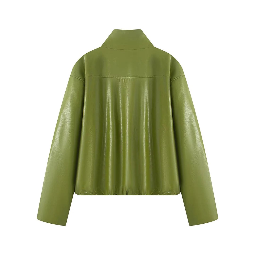Women's tailored faux leather two-piece set jacket with high stand-up collar and pencil skirt Mune Fashion