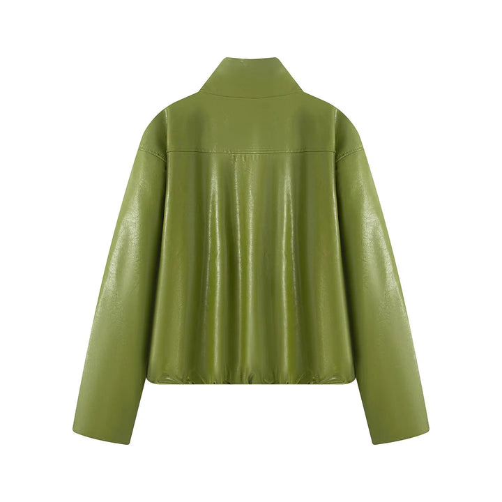 Women's tailored faux leather two-piece set jacket with high stand-up collar and pencil skirt Mune Fashion