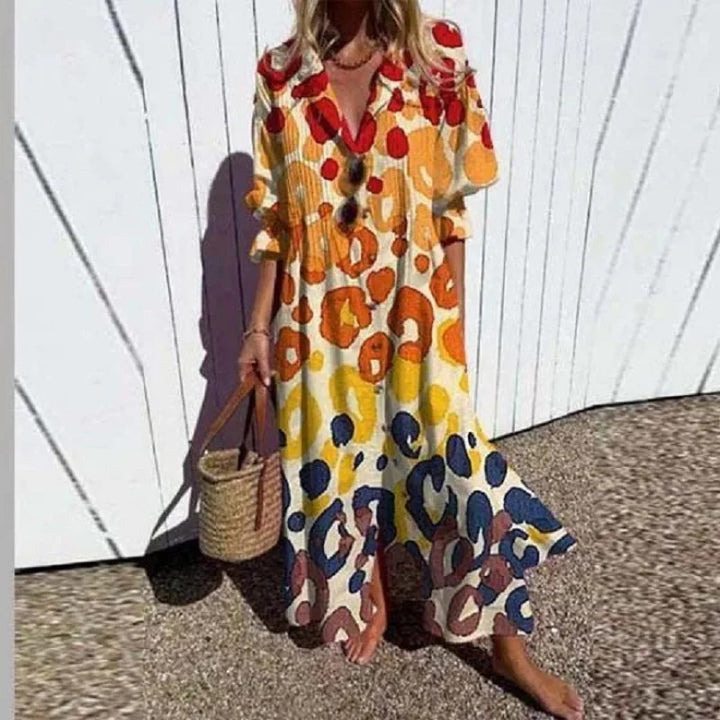 Women Flowing Maxi Dress with Continuous Button Placket V-Neck and Folk Print Mune Fashion