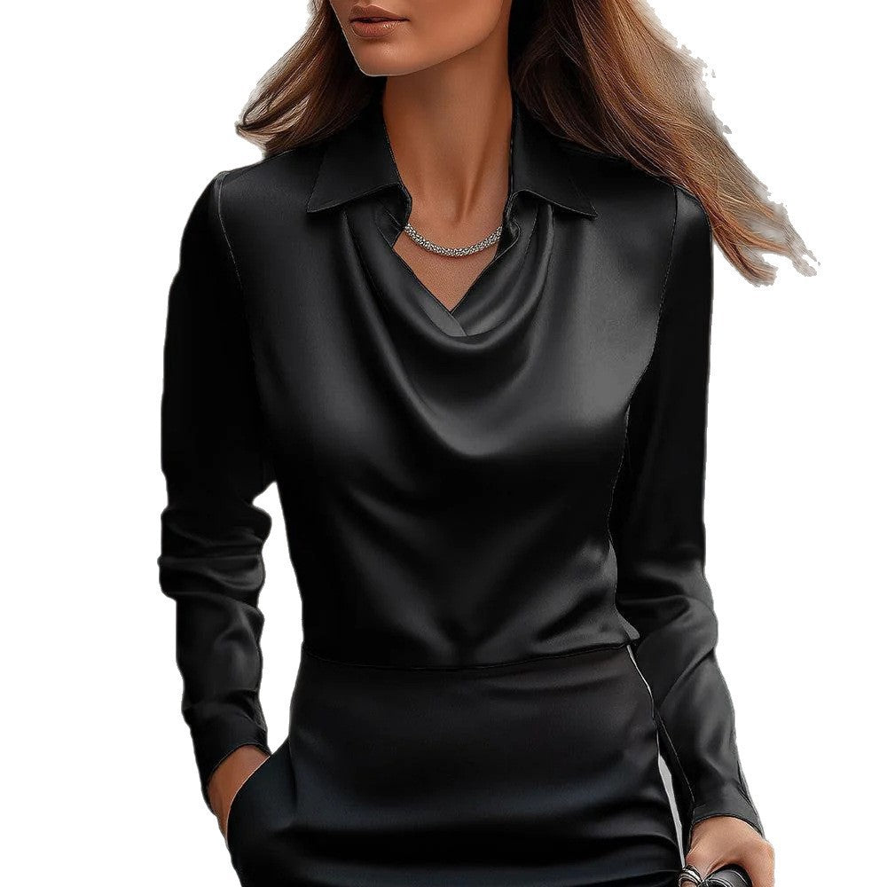 Ladies Elegant Blouse with Asymmetric Collar and Flowing Fall Mune Fashion