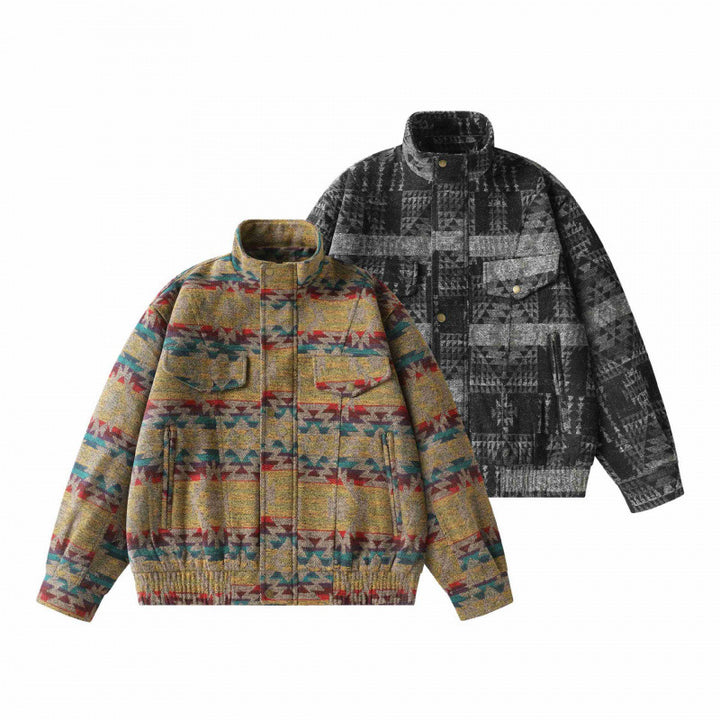 Unisex Boxy Jacquard Wool Bomber Jacket with Stand-Up Collar, Flap Pockets, and Elastic Hem Mune Fashion