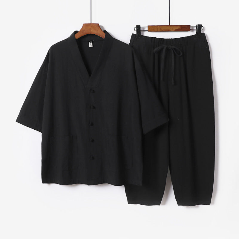 Unisex Lightweight Kimono Lounge Set made of Cotton-Linen with Short Sleeve Jacket and Drawstring Pants Mune Fashion