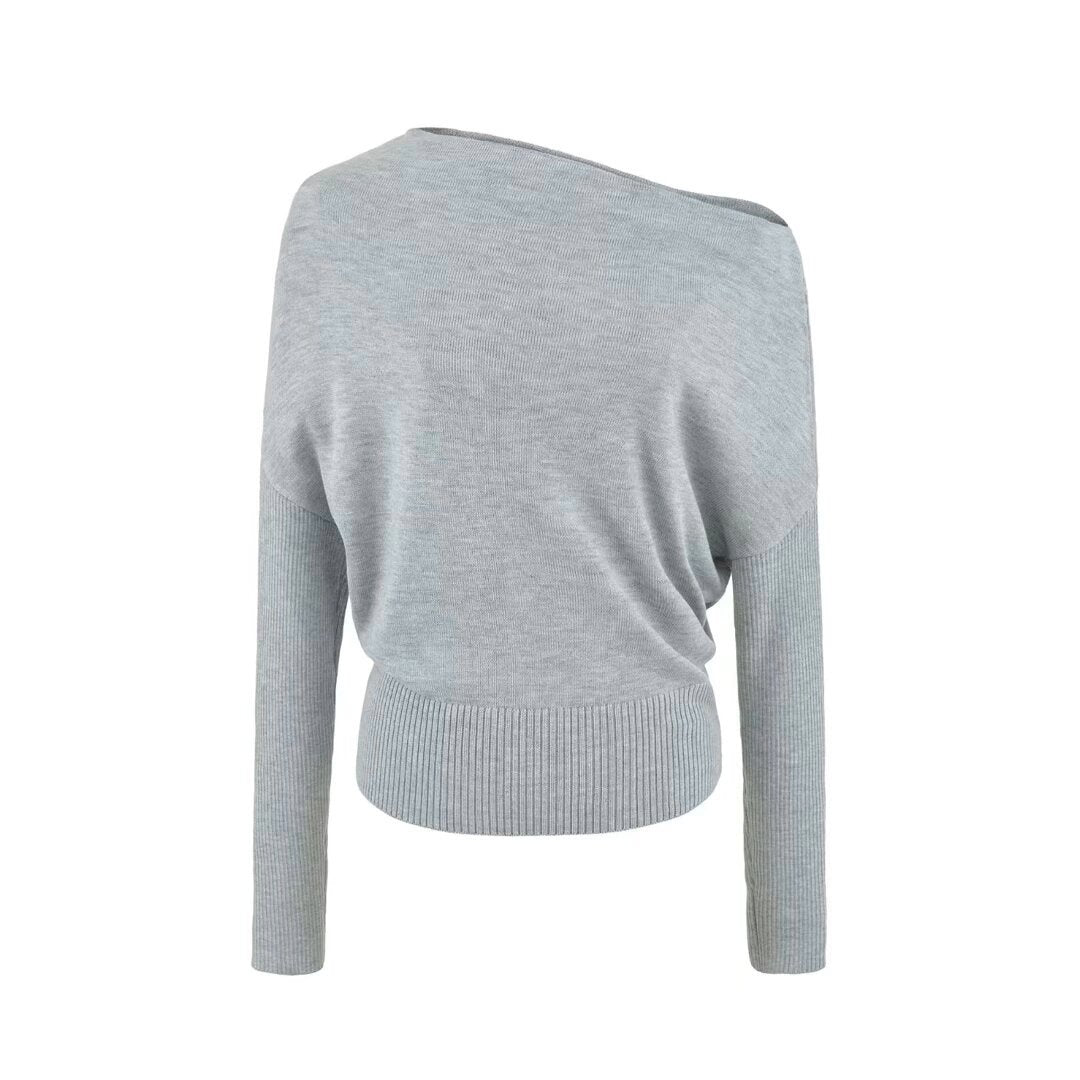 Women's Oversize One-Shoulder Pullover with Batwing Sleeves and Wide Ribbed Cuff Mune Fashion