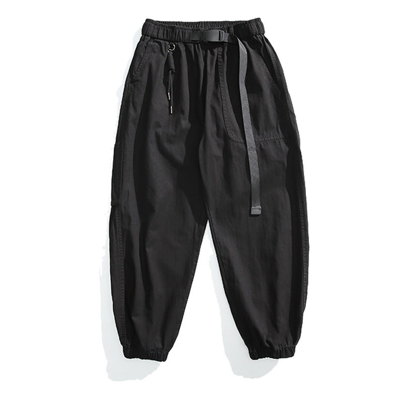 Men's Loose Canvas Cargo Jogging Pants in Utility Style with Elastic Waistband, Integrated Woven Belt and Cuffs