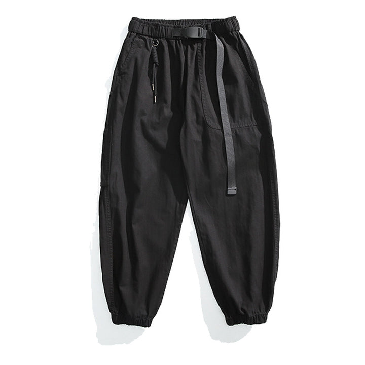 Men's Loose Canvas Cargo Jogging Pants in Utility Style with Elastic Waistband, Integrated Woven Belt and Cuffs