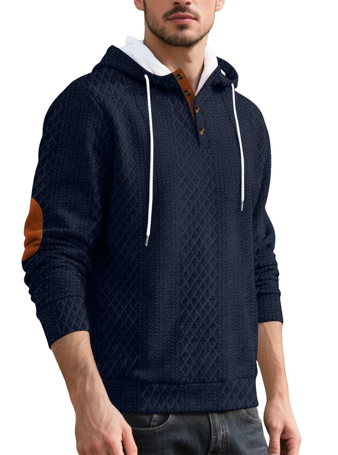 Men's nan diamond structure hoodie with short button placket, quilted hood inner edge, and suede elbow patch Mune Fashion