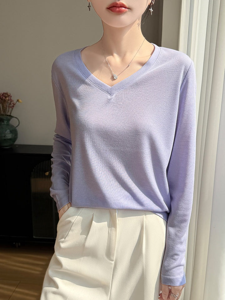 Ladies Lightweight V-Neck Fine Knit Long Sleeve Mune Fashion
