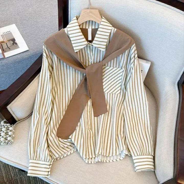 Ladies' loose striped blouse with decorative neck scarf Mune Fashion