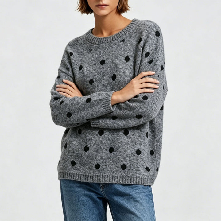 Women's Oversized Knit Sweater with Subtle Dot Pattern and Round Neckline Mune Fashion