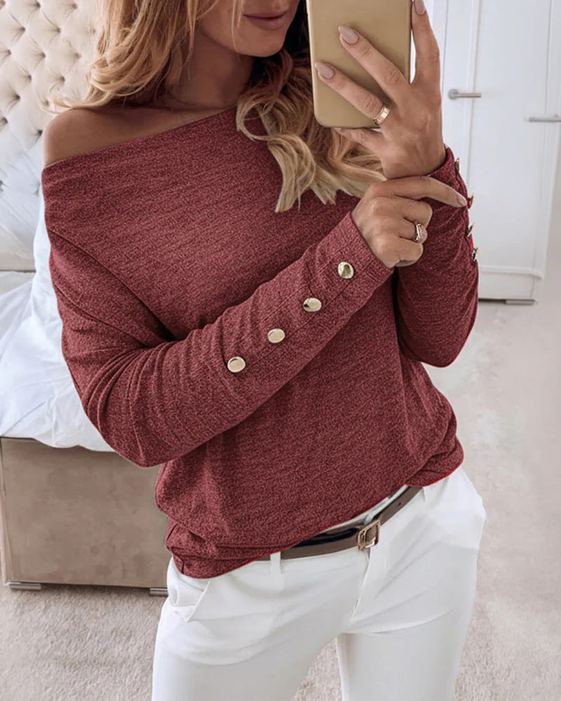 Women's Off-shoulder fine knit pullover with decorative button placket on the sleeves Drune