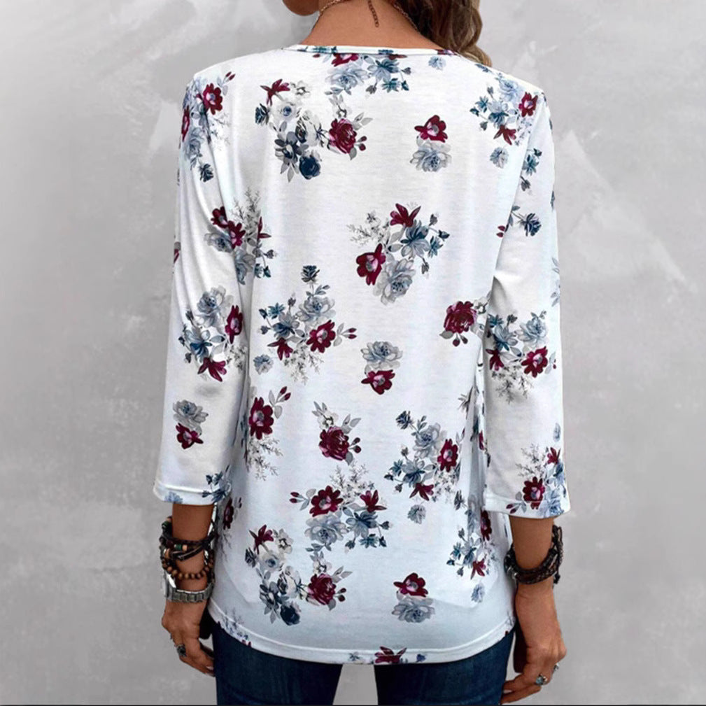 Women's floral tunic blouse with pleats and decorative button placket Mune Fashion