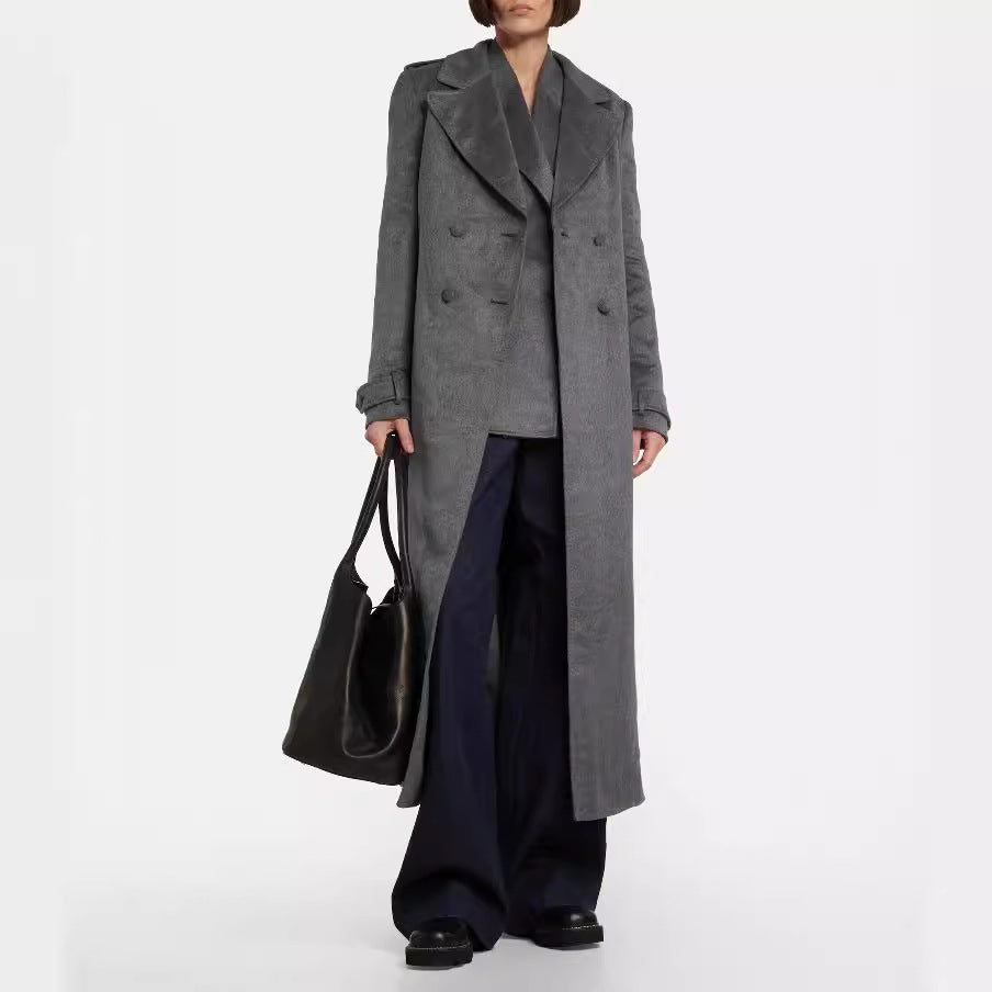 Women's Floor-Length Double-Breasted Coat in Vintage Tailoring with Wide Shawl Collar Mune Fashion