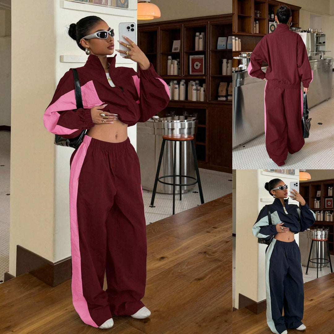 Women's Cropped Training Jacket and High-Cut Wide-Leg Jogging Pants Set Mune Fashion