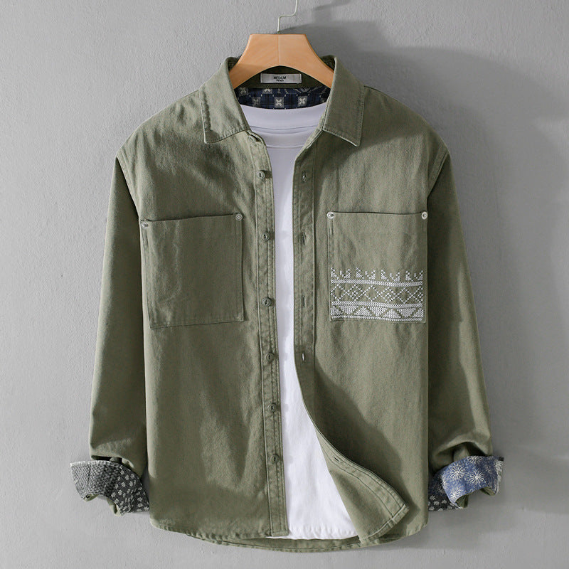 Men's cotton overshirt with contrast lining, chest pockets and fine embroidery Mune Fashion