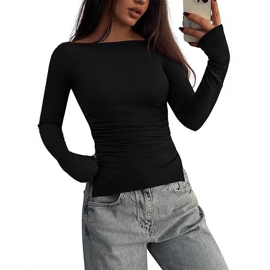 Women's Fitted Long Sleeve Top with Wide Boat Neck, Side Gathering and Extended Sleeve Cuffs Mune Fashion