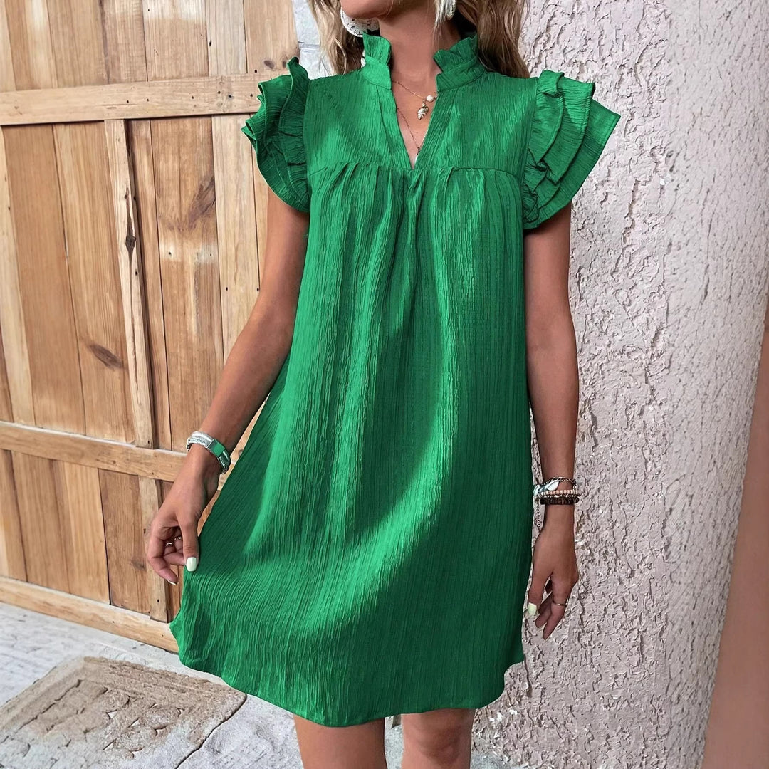 Women Crinkle Mini Dress with Standing Collar, V-Neck and Ruffled Sleeves Mune Fashion