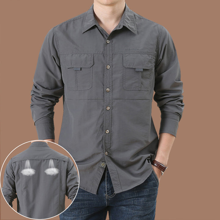 Men's lightweight utility long-sleeve shirt with double chest pockets and continuous button placket Mune Fashion