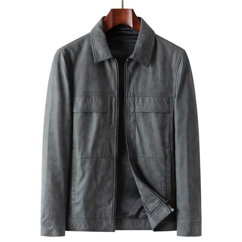 Men's Elegant Velvet Leather Transitional Jacket with Zipper and Shirt Collar Mune Fashion