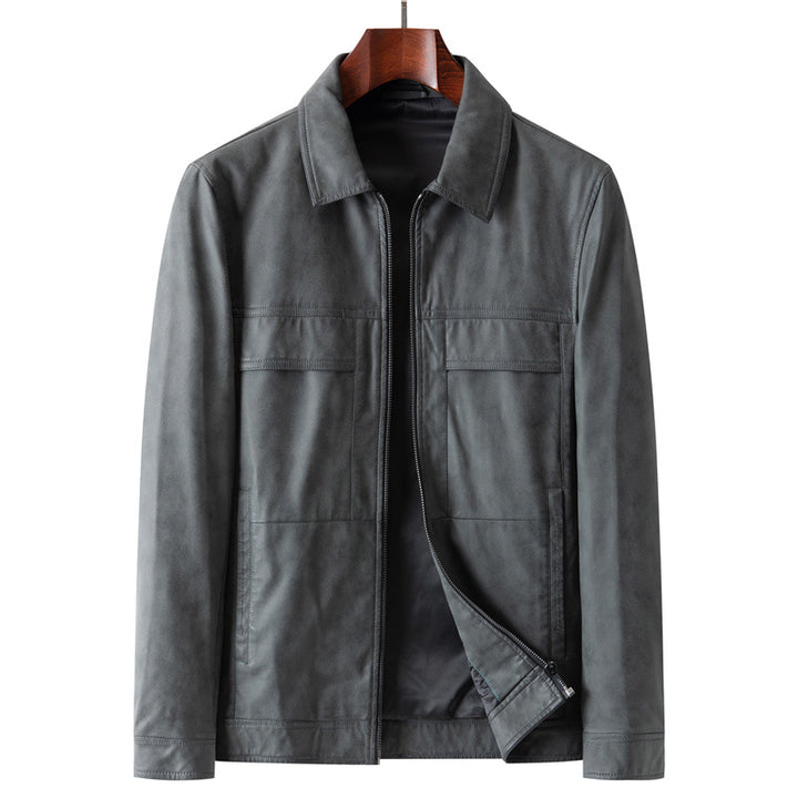 Men's Elegant Velvet Leather Transitional Jacket with Zipper and Shirt Collar Mune Fashion