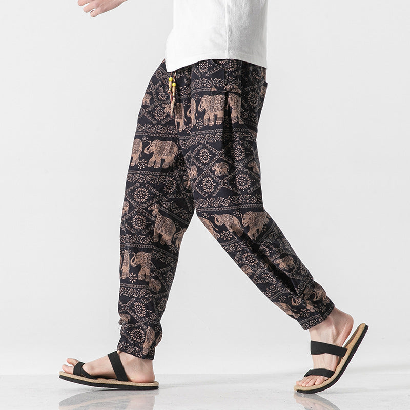Unisex casual Boho harem pants with elephant pattern, elastic waistband and cuffs Mune Fashion
