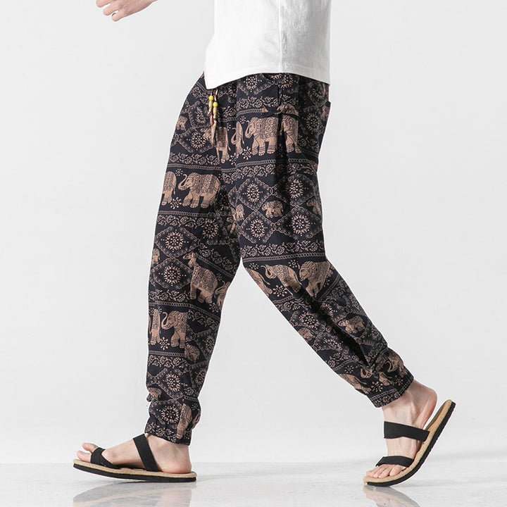 Unisex casual Boho harem pants with elephant pattern, elastic waistband and cuffs Mune Fashion