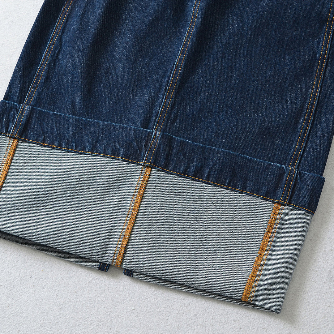 Women's High-Waisted Midi Skirt Made of Denim with Visible Seams and Turned-Up Hem Mune Fashion