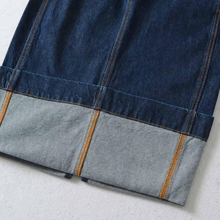 Women's High-Waisted Midi Skirt Made of Denim with Visible Seams and Turned-Up Hem Mune Fashion