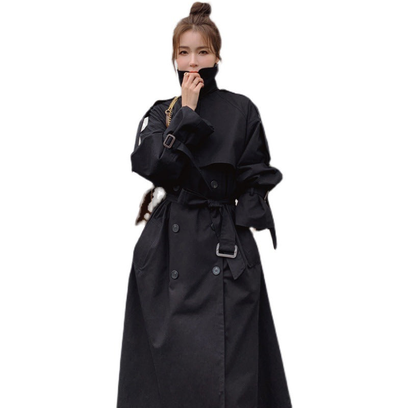 Ladies oversized trench coat with waist belt, double button placket and storm flap Mune Fashion