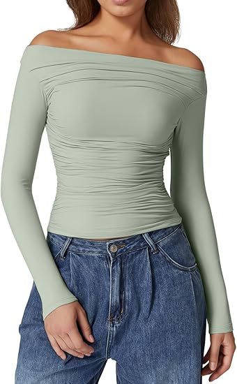 Women's Off-Shoulder Tailored Stretch Long Sleeve with Gathering and Figure-Hugging Silhouette Mune Fashion