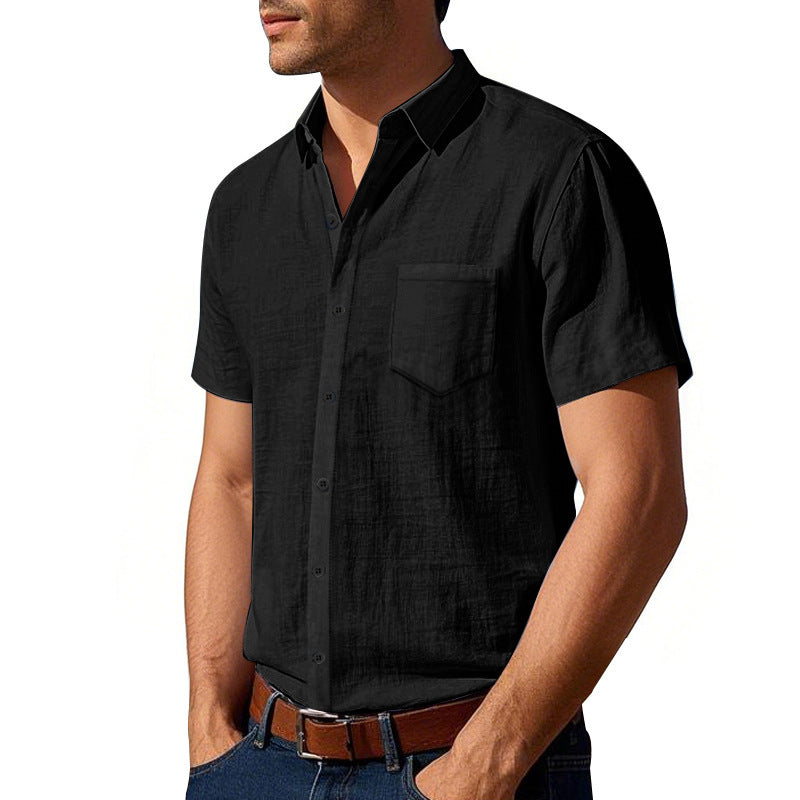 Men's short-sleeved textured shirt made of breathable slub linen with a spread collar, chest pocket, and straight hem Mune Fashion