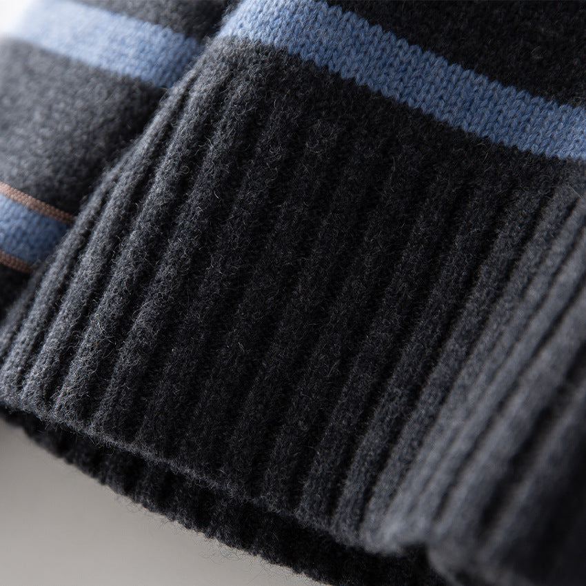 Women Striped Fine Knit Sweater with Half-High Ribbed Collar and Ribbed Hem Mune Fashion