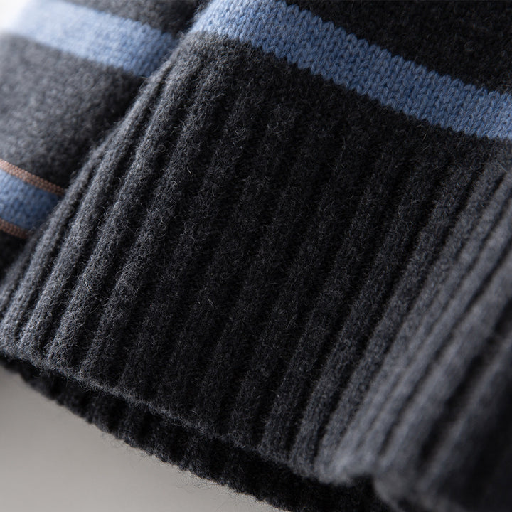 Women Striped Fine Knit Sweater with Half-High Ribbed Collar and Ribbed Hem Mune Fashion