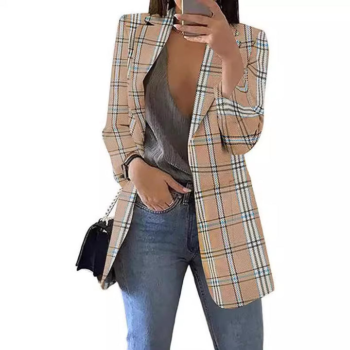 Women's tailored check blazer longline with structured shoulder area and open front Mune Fashion