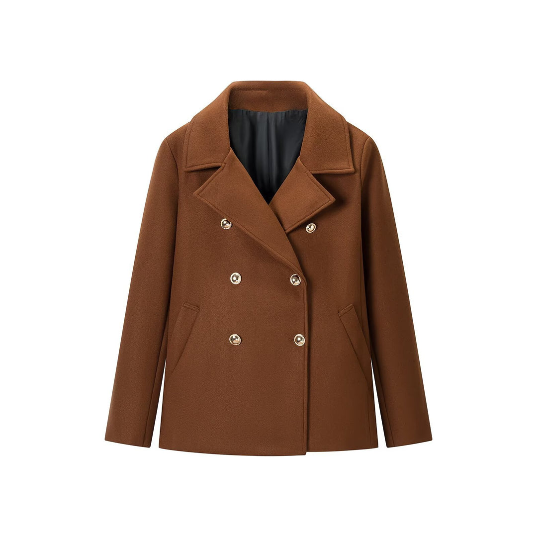 Women's Wool Blend Double-Breasted Short Coat with Decorative Buttons Mune Fashion