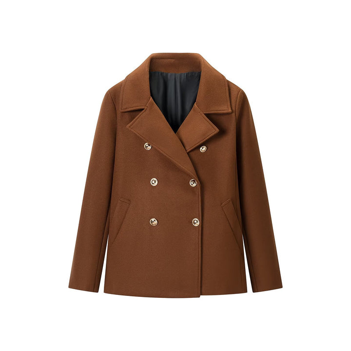 Women's Wool Blend Double-Breasted Short Coat with Decorative Buttons Mune Fashion