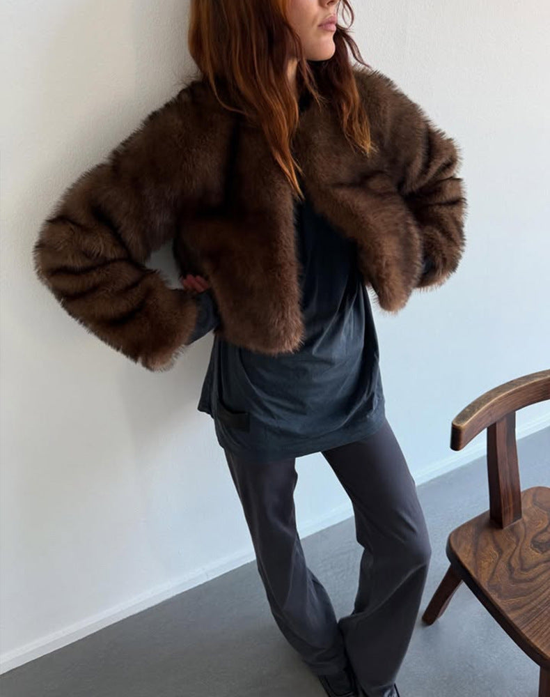 Women's Cropped Faux Fur Bolero with Boxy Silhouette and Trumpet Sleeves Mune Fashion