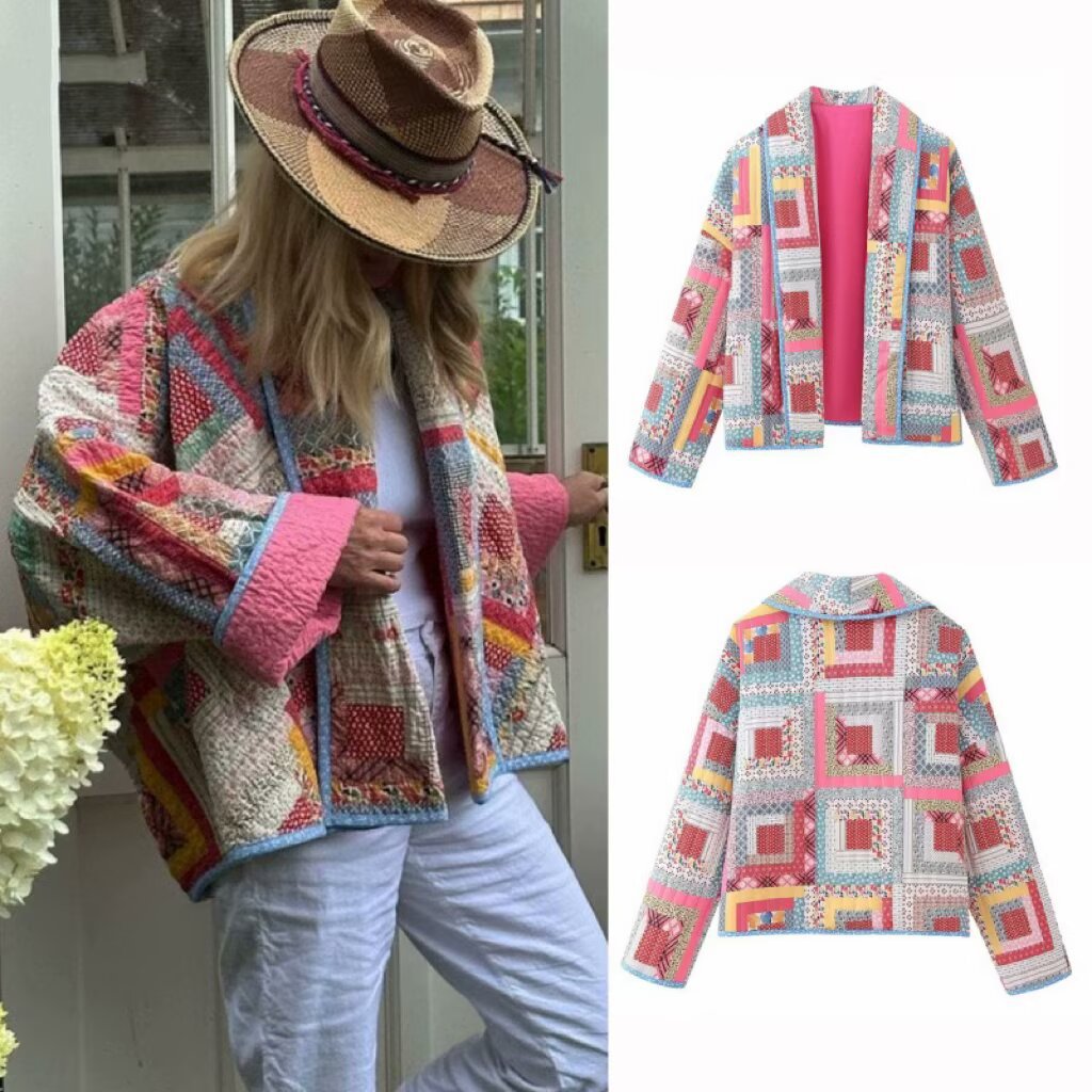 Ladies Nan quilted patchwork kimono jacket with shiny satin lining and wide shawl collar Mune Fashion