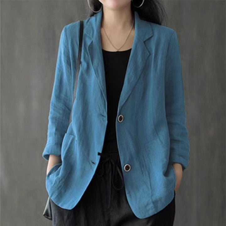 Women's linen blazer in a casual style with a loose fit and patch pockets