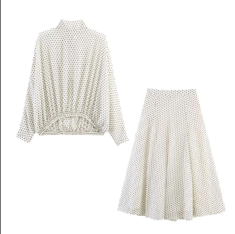Women's Two-Piece Polka Dot Set with Stand Collar Blouse and Flared Midi Skirt Mune Fashion