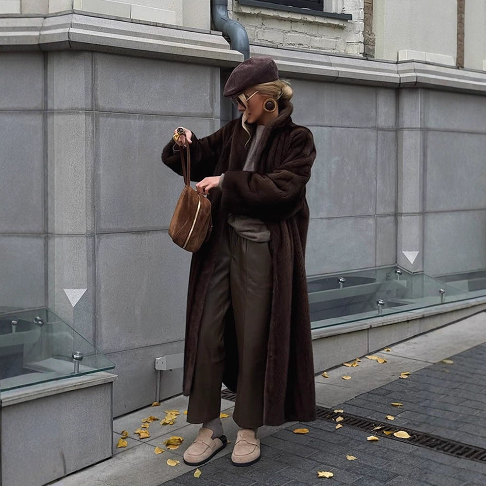 Women Long Faux Fur Coat with Stand-Up Collar and Oversized Fit Mune Fashion